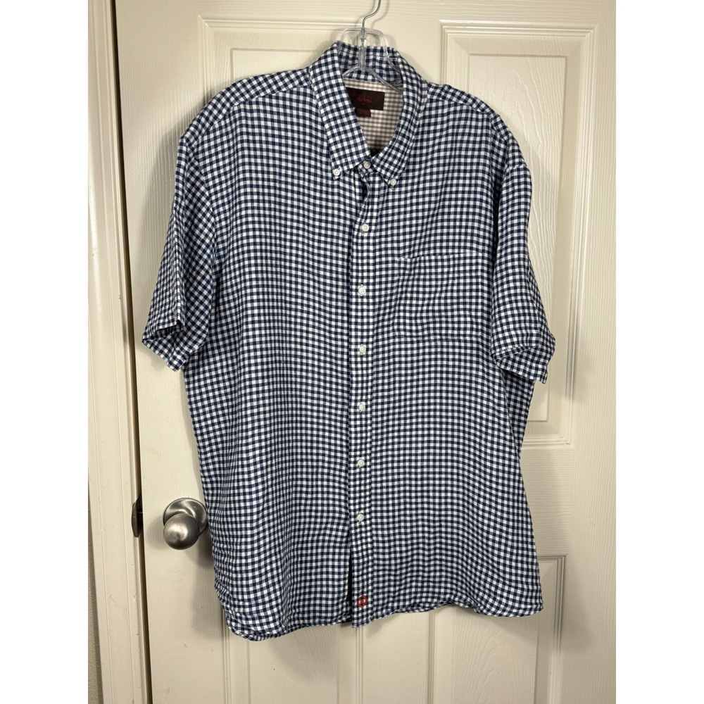 Trevero 100% Linen Button Down Shirt Gingham Check‎ Short Sleeve Mens XL